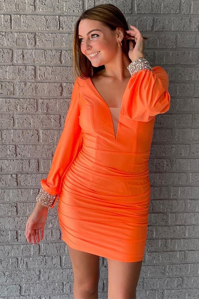 Letty | Elegant Long Sleeves Orange Short Homecoming Dress - KissProm