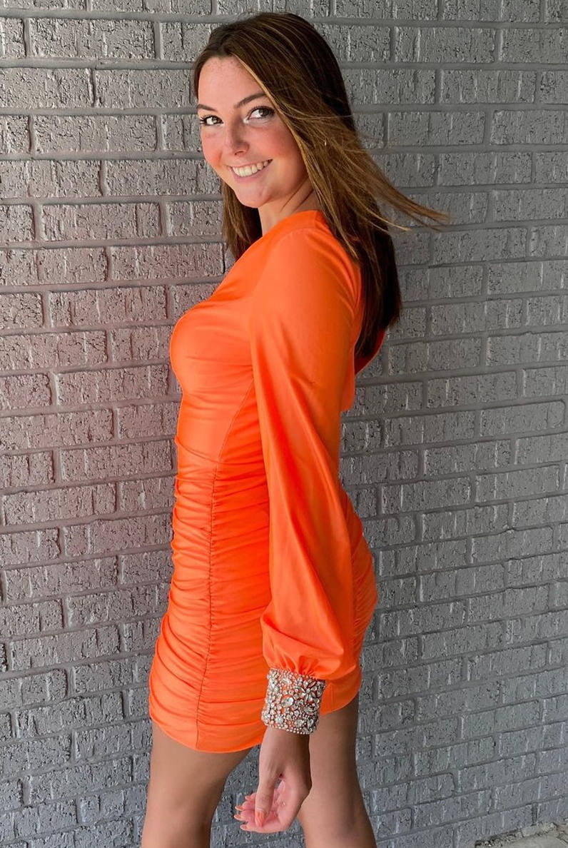 Letty | Elegant Long Sleeves Orange Short Homecoming Dress - KissProm
