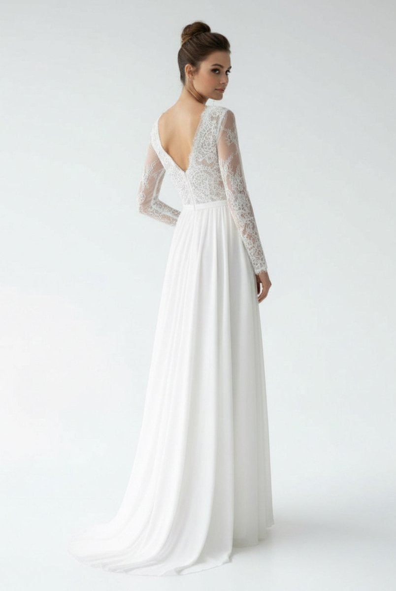 Romantic Modern A Line Floor - length Chiffon Lace V - neck Long Sleeve Wedding Dress - KissProm