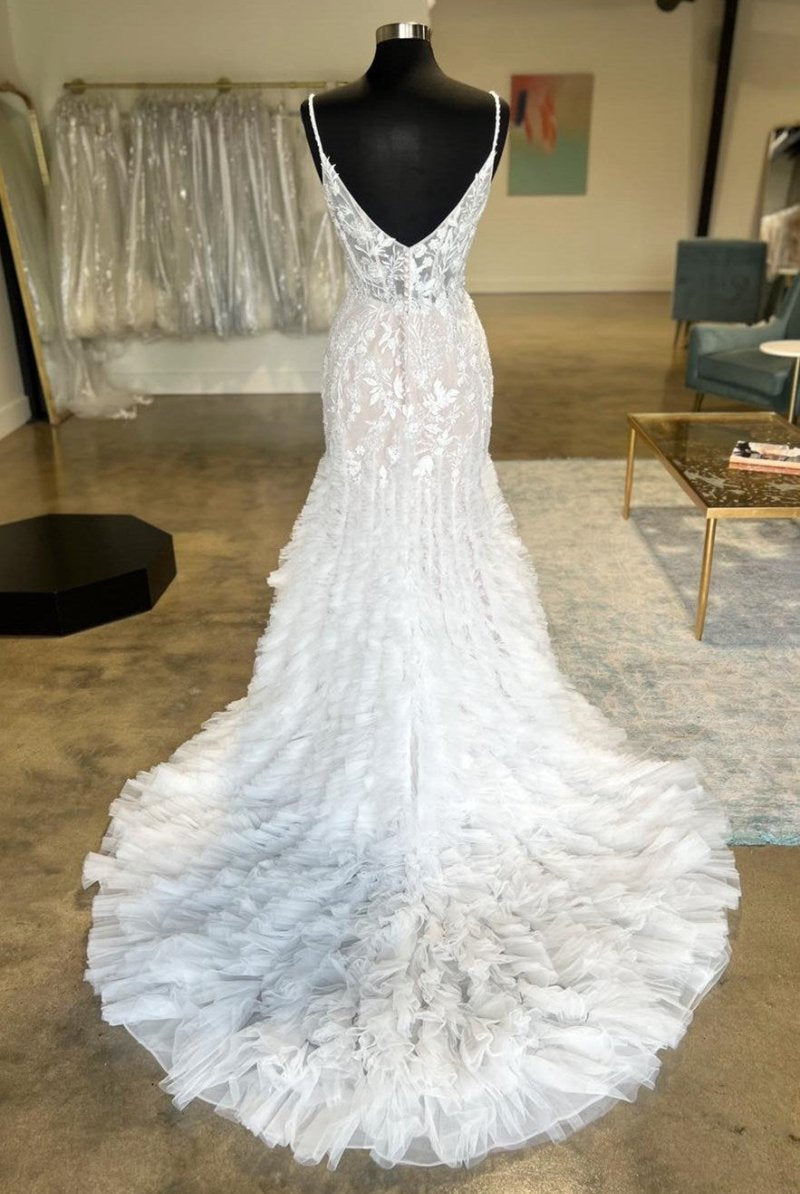 Ivory Spaghetti Strap Ruffles Trumpet Long Wedding Dress