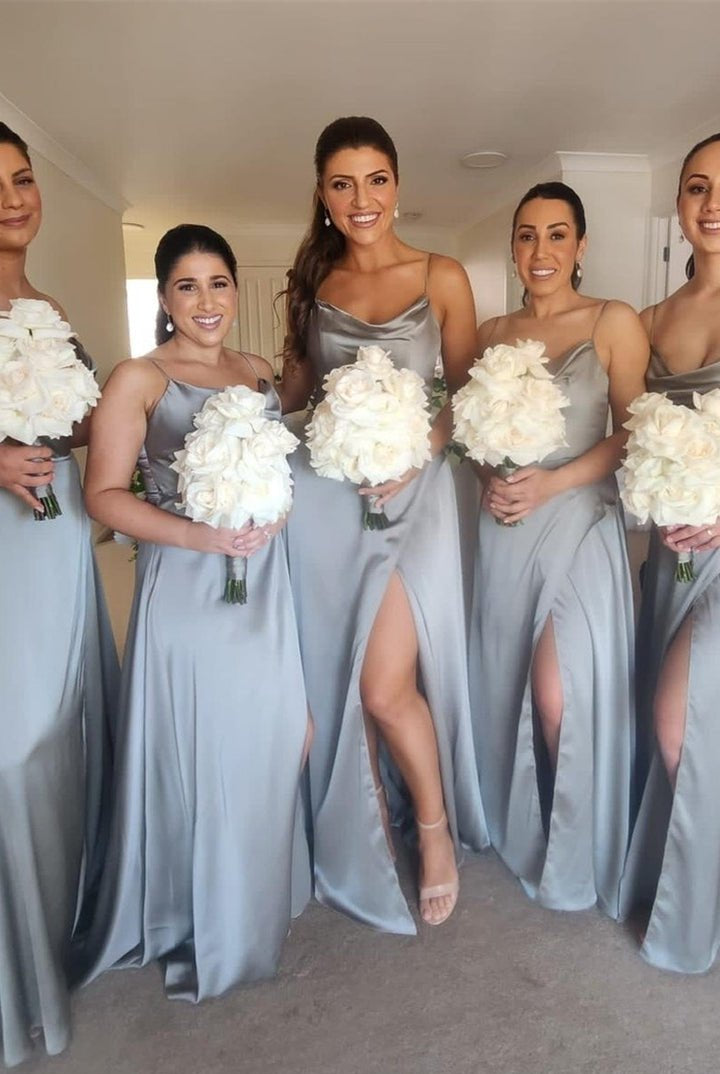 Dusty Blue Straps Cowl Neck Satin Long Bridesmaid Dress with Slit - KissProm