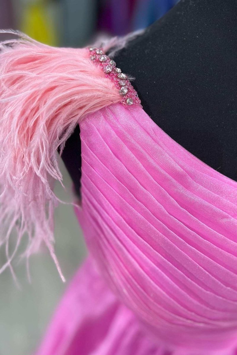 Pink Feather One - Shoulder Ruching A - Line Long Prom Dress - KissProm