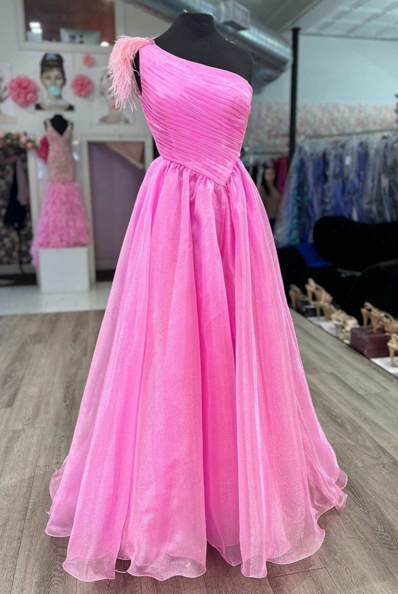 Pink Feather One - Shoulder Ruching A - Line Long Prom Dress - KissProm