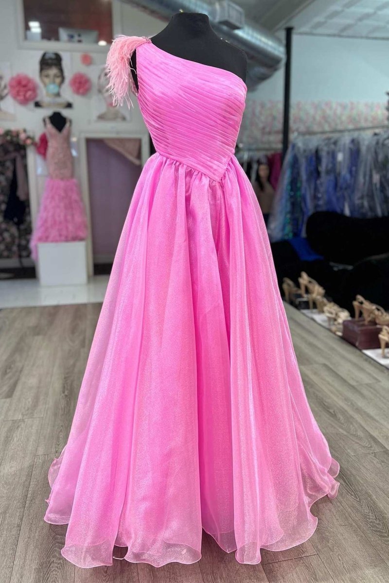 Pink Feather One - Shoulder Ruching A - Line Long Prom Dress - KissProm