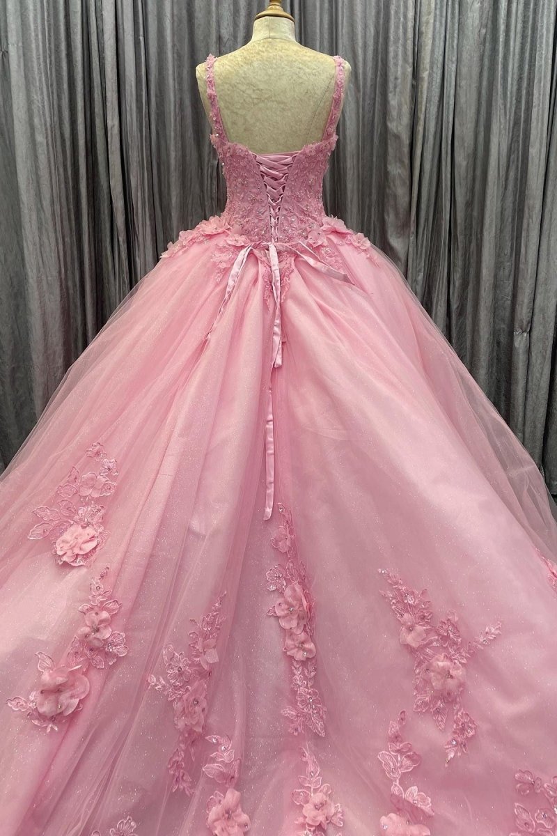 Braelynn | Pink Tulle Floral Appliques Sweetheart Lace-Up Quinceanera Dress