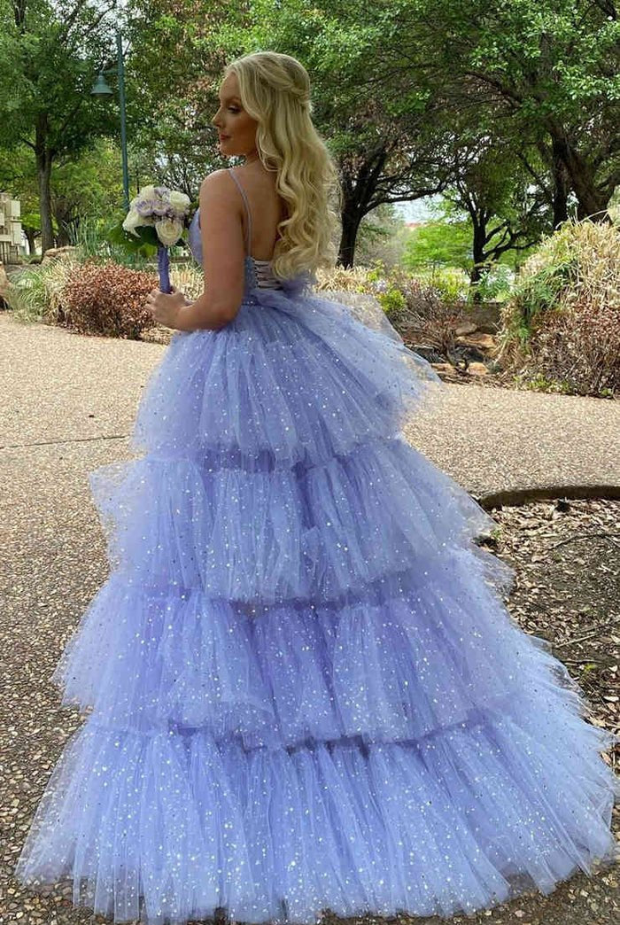 Nathalia |A Line Spaghetti Straps Tiered Tulle High Low Prom Dress