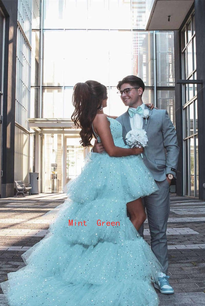 Nathalia |A Line Spaghetti Straps Tiered Tulle High Low Prom Dress