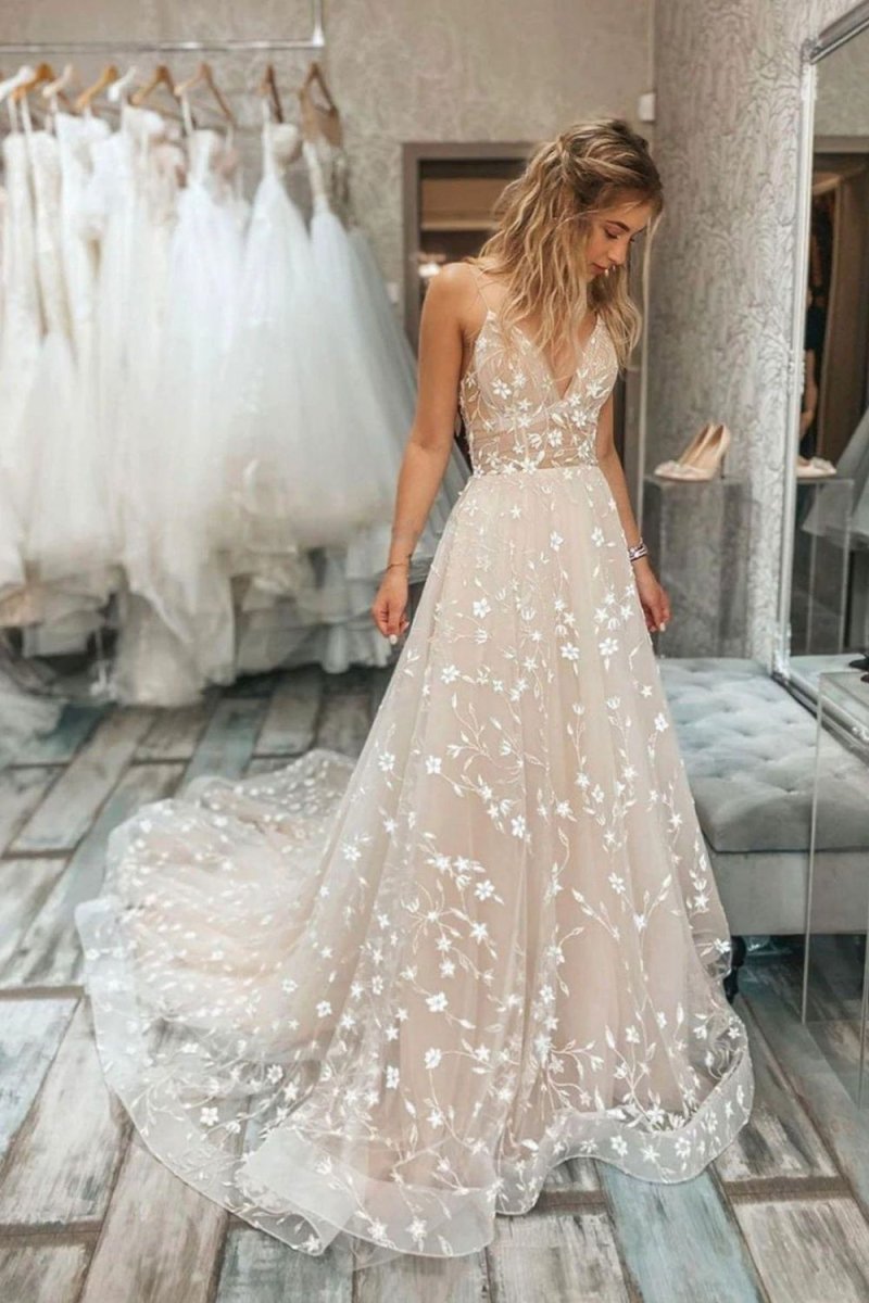 Beautiful A Line Spaghetti Straps Light Champagne Wedding Dress White-Nude / 8