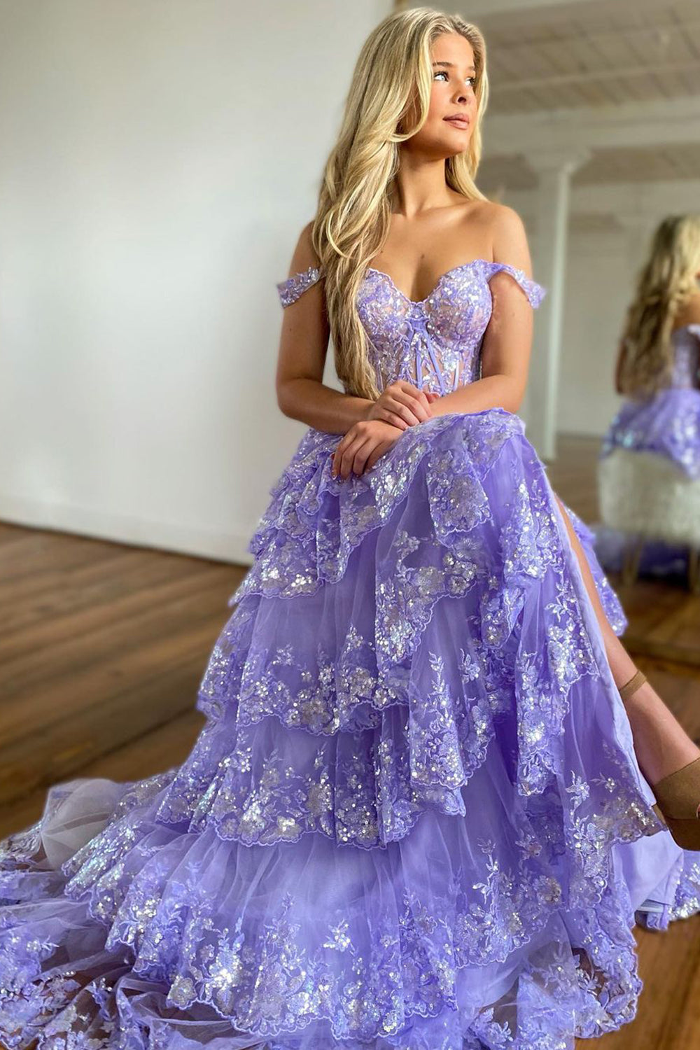 Princess A Line Off the Shoulder Corset Prom Dress with Lace Ruffles
