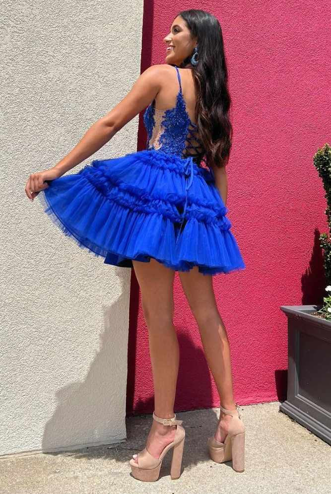 Rilletta | Plunging Neck Blue Applique A-line Ruffle Homecoming Dress