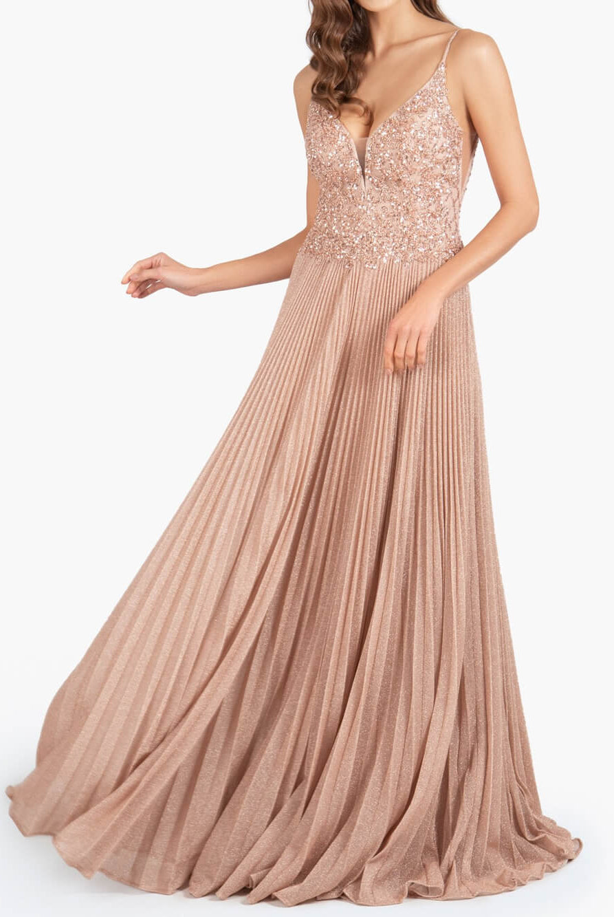 Elizabeth | Rose Pink A - line Floor Length Glitter Jersey Prom Dress with Appliques and Sequins - KissProm