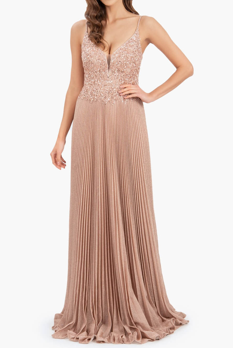 Elizabeth | Rose Pink A - line Floor Length Glitter Jersey Prom Dress with Appliques and Sequins - KissProm