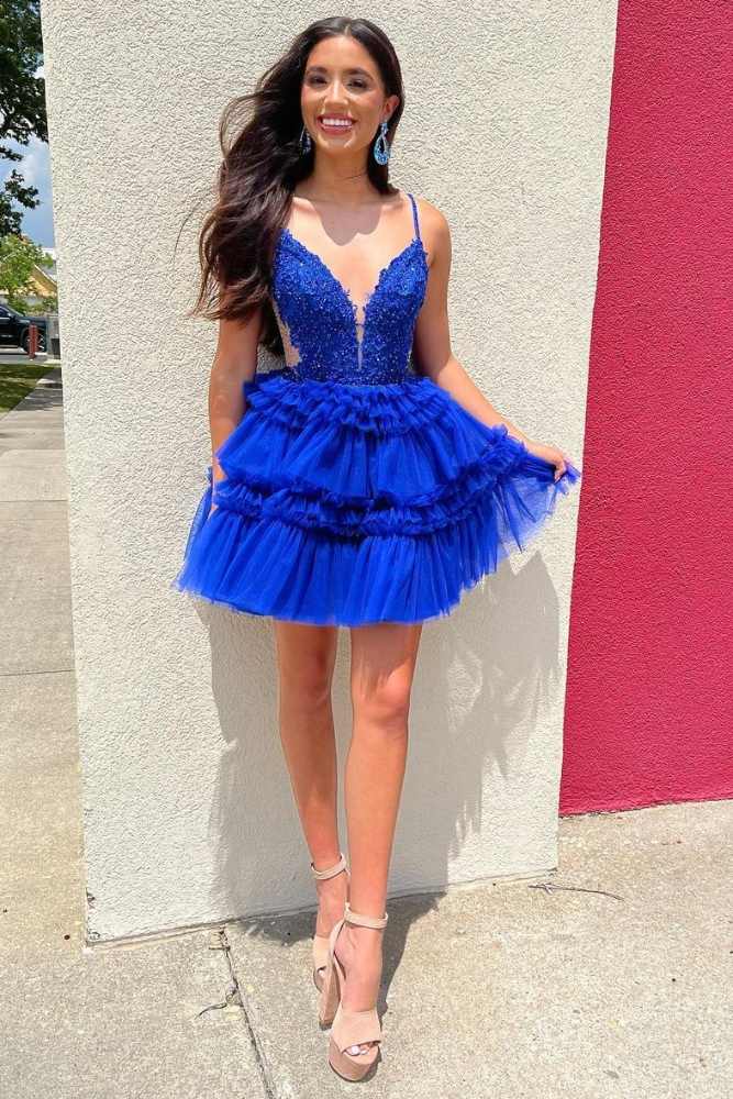 Rilletta | Plunging Neck Blue Applique A-line Ruffle Homecoming Dress