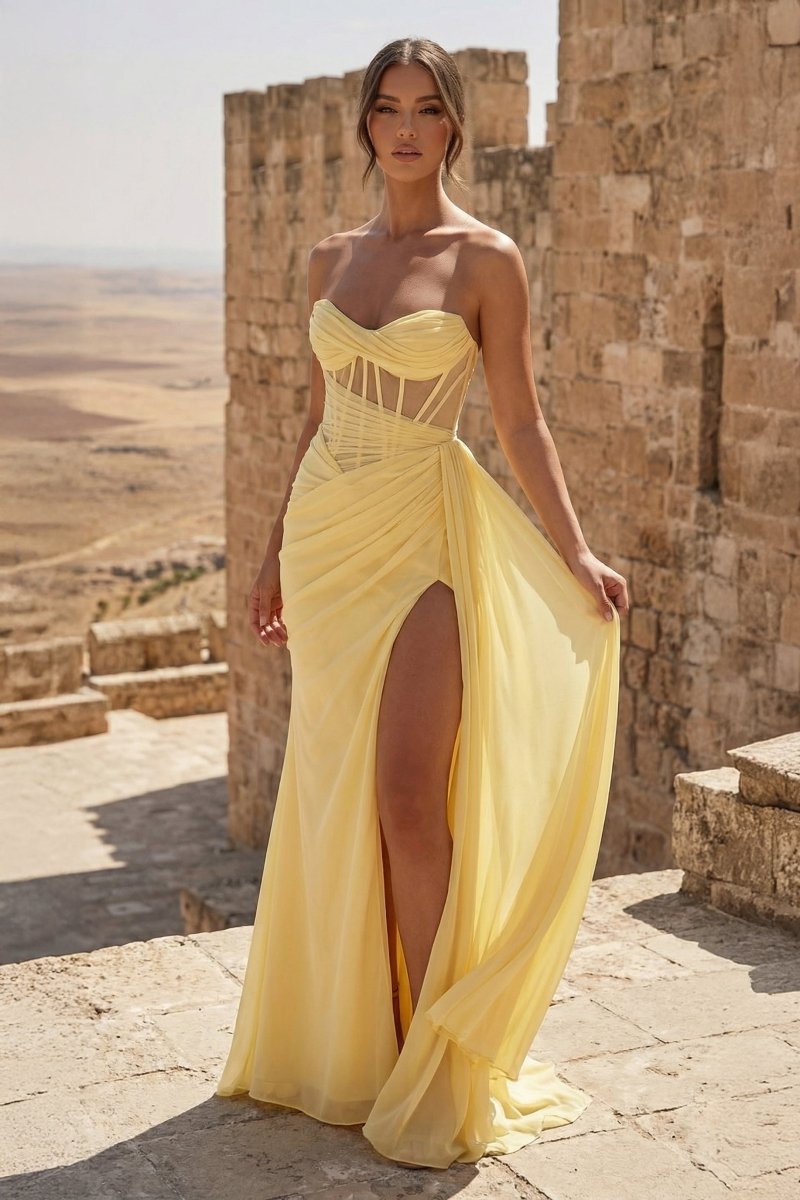 KissProm Yellow Sweetheart Sheath Pleated Long Prom Dresses With Slit, Yellow / 18