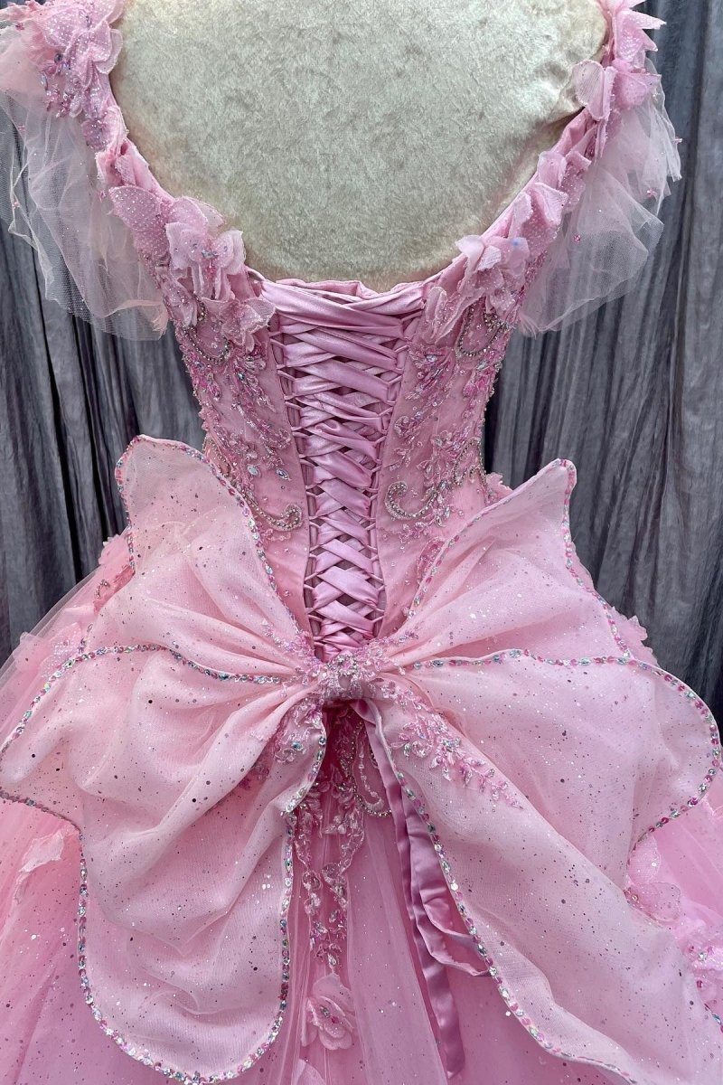 Pink Tulle 3D Floral Lace Bow-Back Quinceanera Dress with Flutter Sleeves