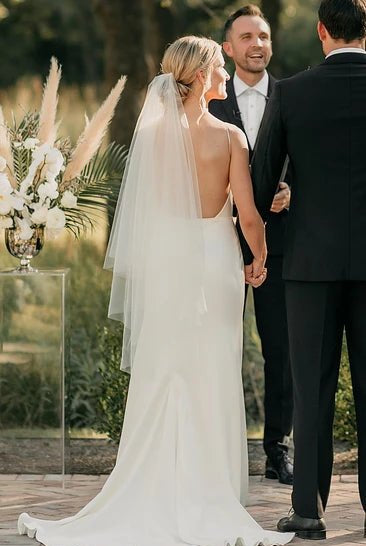 Sexy Plunging Neckline Mermaid Satin Wedding Dress With Sweep Train