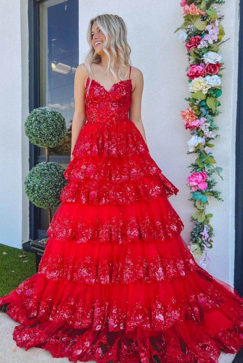 Maryam |A Line Spaghetti Straps Tiered Lace Prom Dress