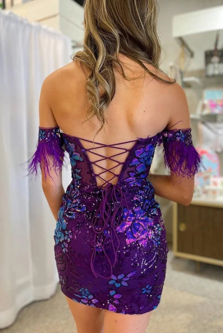 Selena | Bodycon Lace Feathers Off-the-Shoulder Short with Sequin Appliques Homecoming Dresses