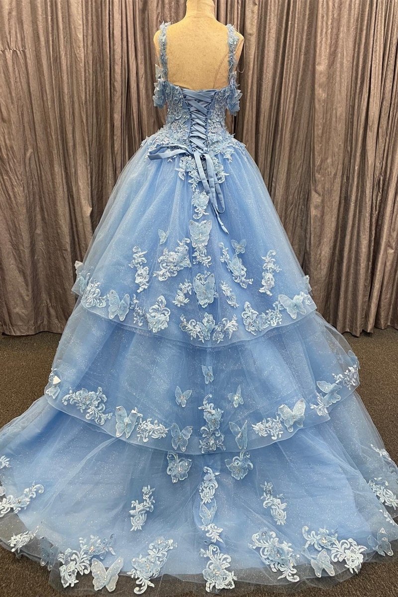 Alanna | Blue Tulle Sweetheart Multi - Layer with 3D Floral Lace Quinceanera Dress - KissProm