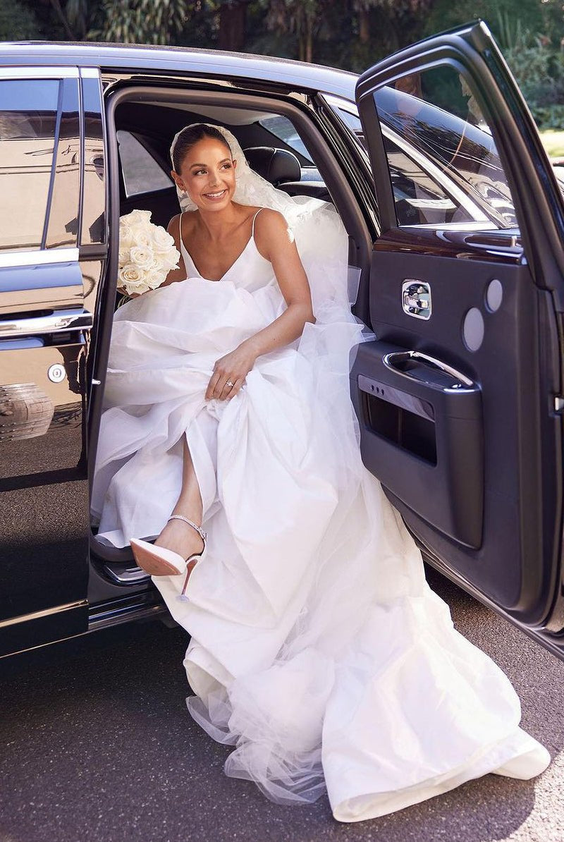 A-Line White Satin Spaghetti Straps Backless Wedding Dresses