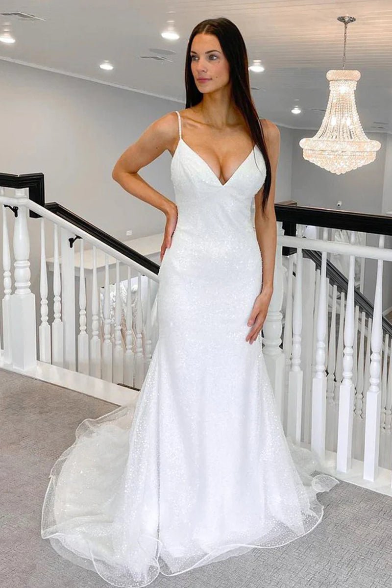 Sparkly Mermaid V Neck Sequins White Wedding Dresses