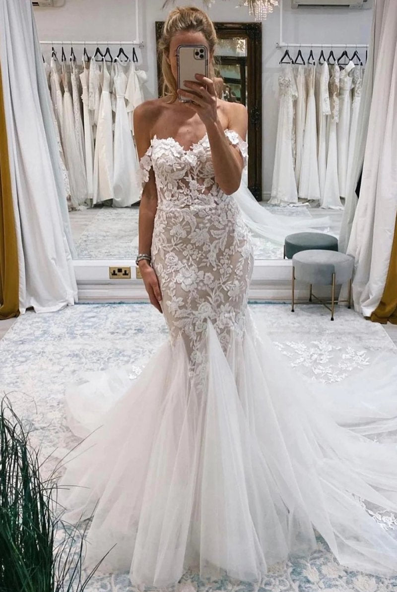 Ivory Off the Shoulder Long Lace Mermaid Wedding Dress