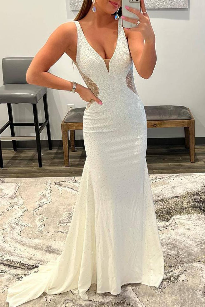 Tonya | White Mermaid V - Neck Beaded Long Prom Dress - KissProm