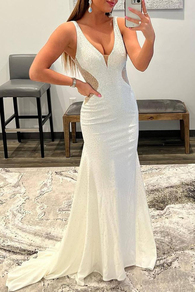 Tonya | White Mermaid V - Neck Beaded Long Prom Dress - KissProm