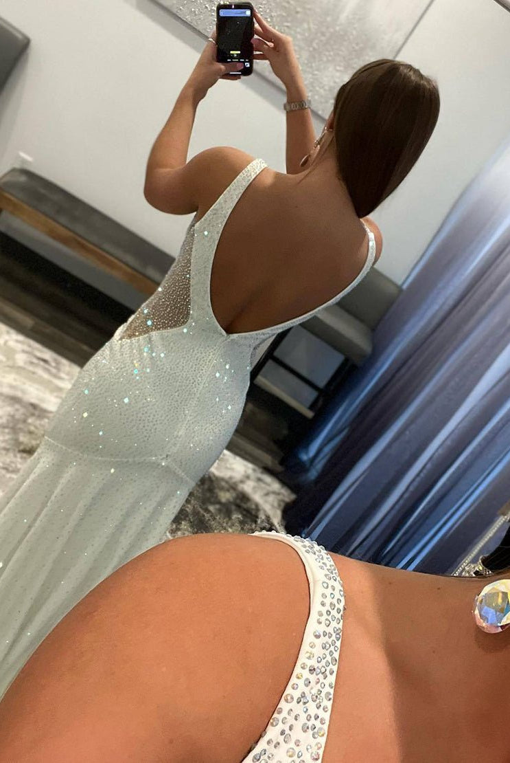 Tonya | White Mermaid V - Neck Beaded Long Prom Dress - KissProm