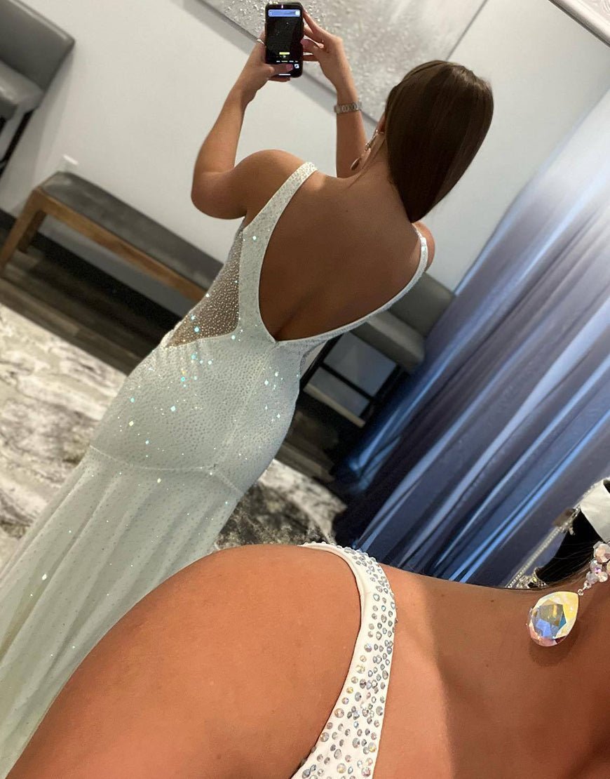 Tonya | White Mermaid V - Neck Beaded Long Prom Dress - KissProm