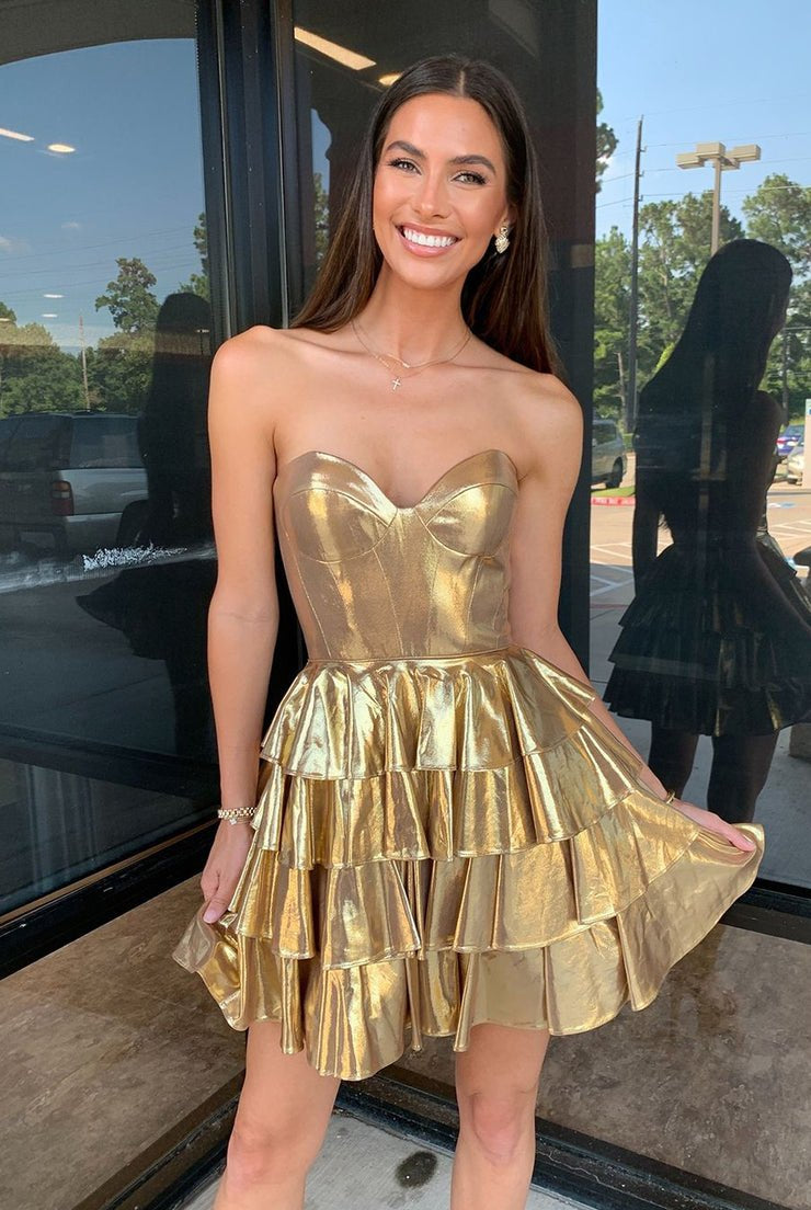 Bonny | Sweetheart Gold Metallic A-Line Ruffle Homecoming Dress