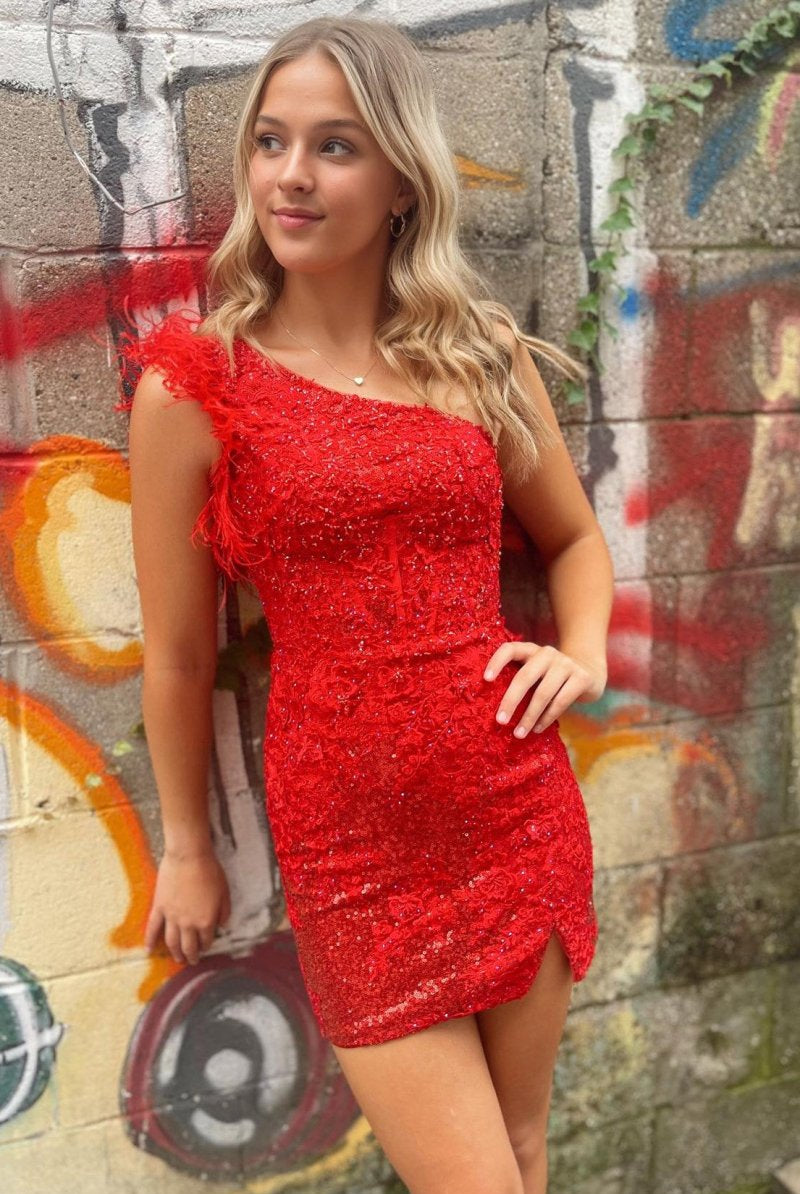 Nalani | One-Shoulder Red Sequin Lace Short Homecoming Dress with Feathers