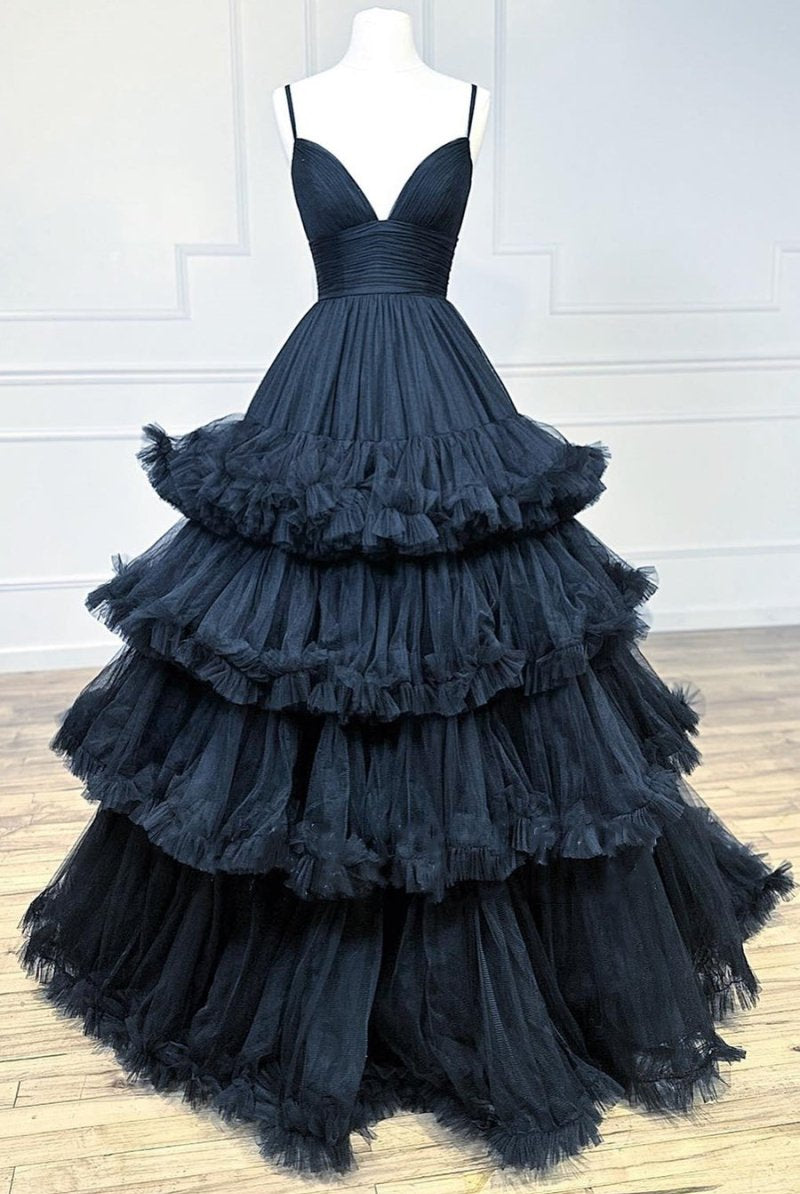 Wrenlee |A-line V-Neck Tulle Prom Dress with Tiered Ruffles