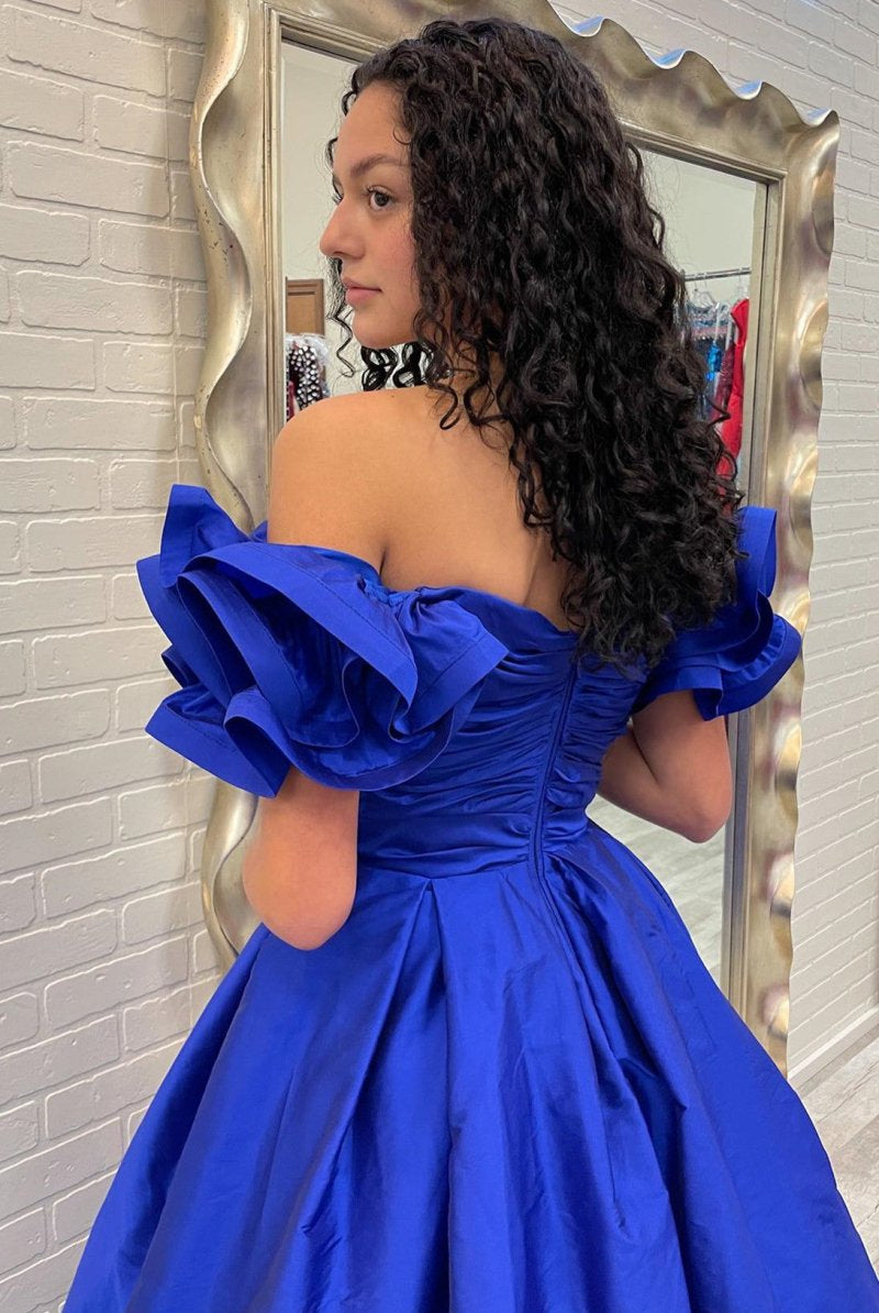 A - Line Yellow Off - the - Shoulder Ruffled Sleeve Prom Dresses - KissProm