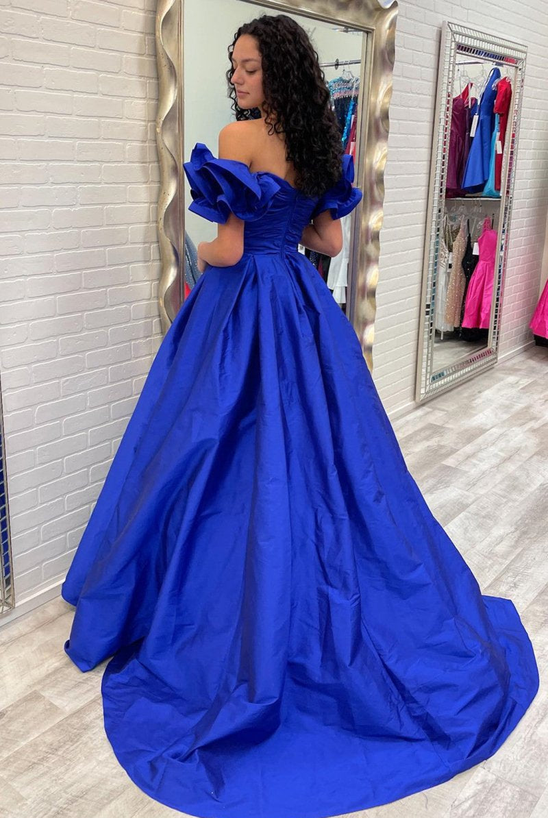 A - Line Yellow Off - the - Shoulder Ruffled Sleeve Prom Dresses - KissProm