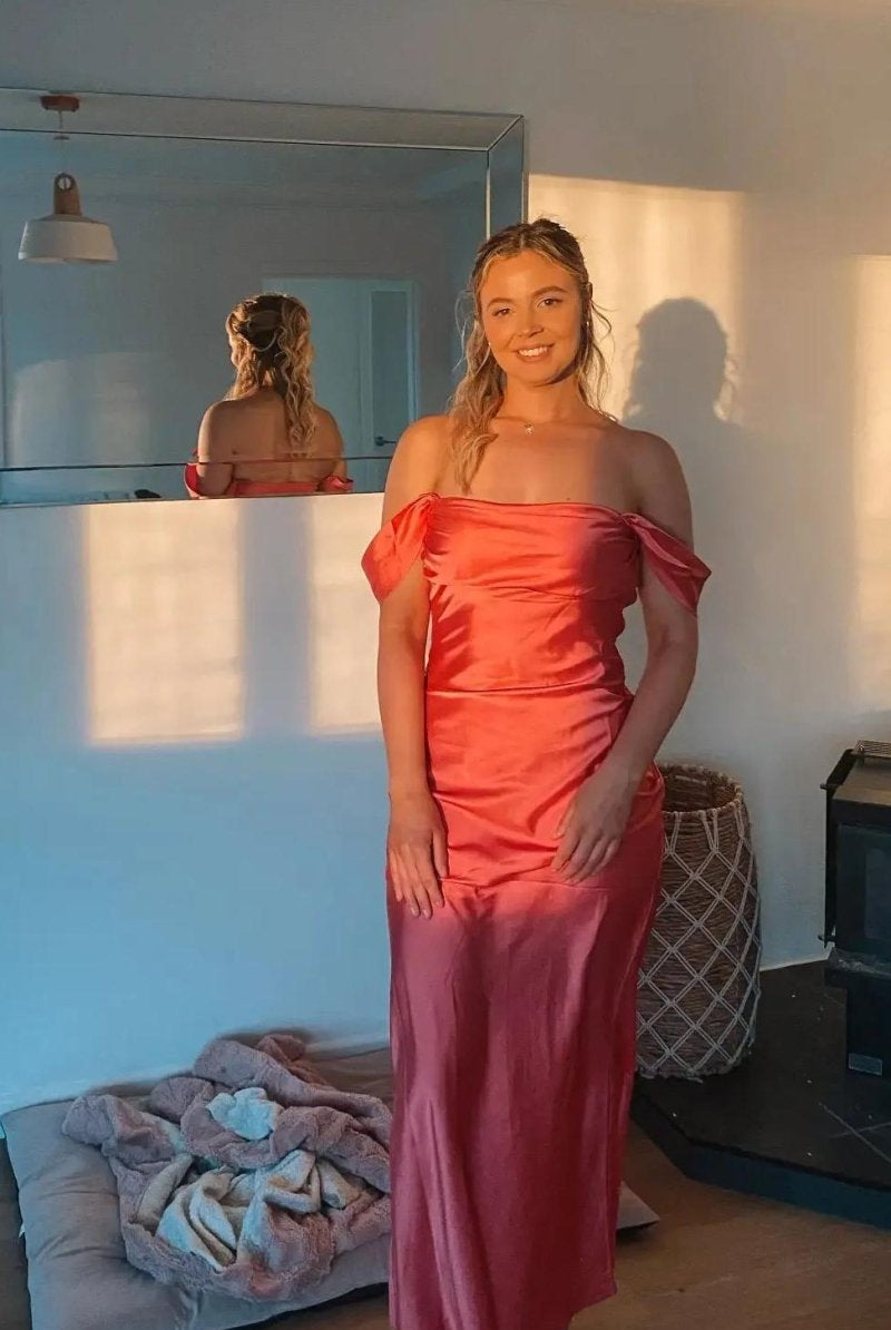 Marquina | Off the Shoulder Coral Mermaid Satin Long Party Dress