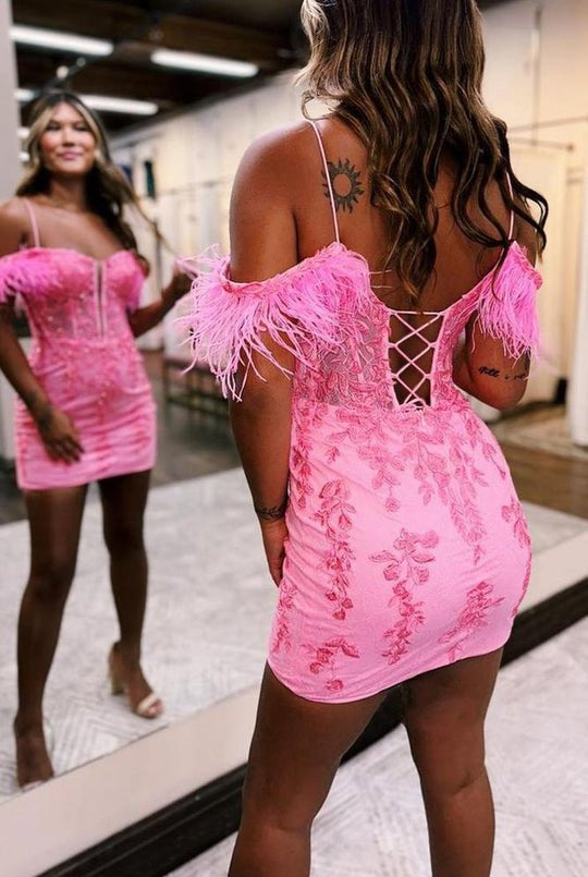 Queenie |Sheath Off the Shoulder Pink Lace Homecoming Dress