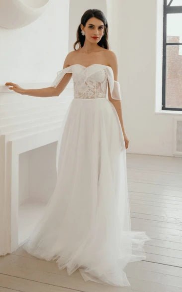 Bohemian A Line Sweetheart Sweep Train Wedding Dress with Split Front