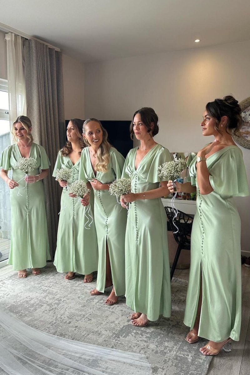 sage bridesmaid dress Flare Sleeves Sage Green Bridesmaid Dress with Buttons, Sage Green / 20