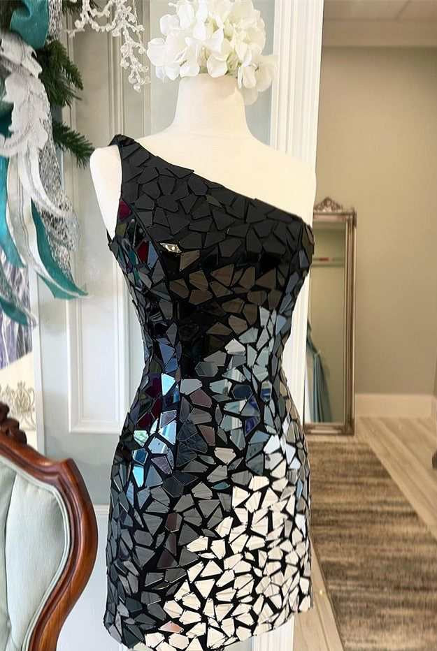 Mina | Black Gradient Cut Glass Mirror One-Shoulder Short Dress