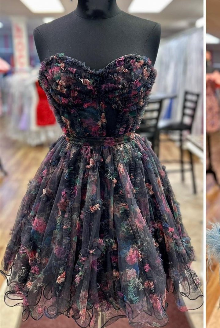 Kayla | A Line Strapless Floral Homecoming Dress