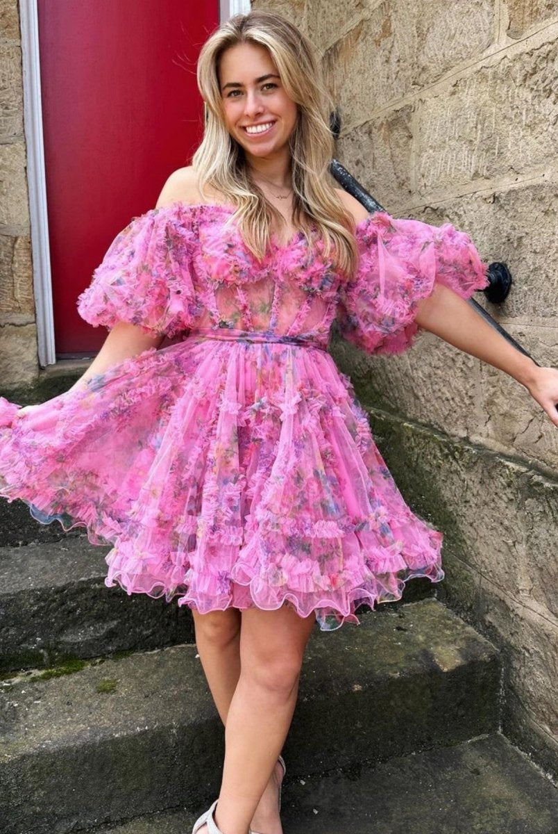 Ivana | Pink A Line Off the Shoulder Printed Homecoming Dress