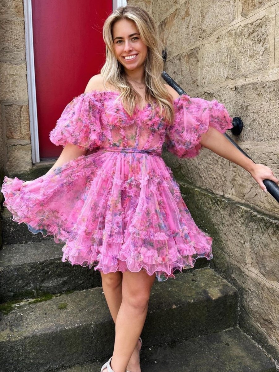 Ivana A Line Off the Shoulder Floral Printed Homecoming Dress Pink / 10 Ivana A Line Off the Shoulder Floral Printed Homecoming Dress Pink / 10