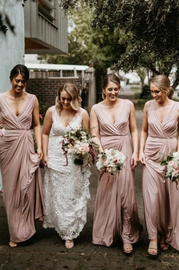 Chic V Neck Sleeveless Long Bridesmaid Dresses Simple Floor Length Bridesmaid Dress, Pink / UK 14 Chic V Neck Sleeveless Long Bridesmaid Dresses Simple Floor Length Bridesmaid Dress, Pink / UK 14