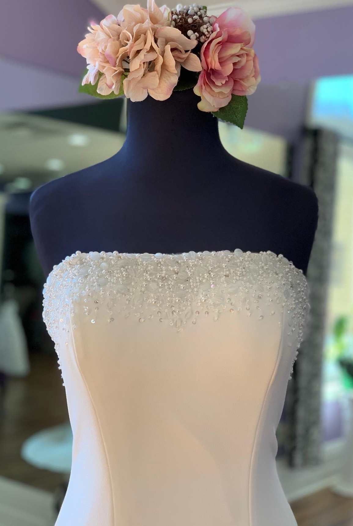 White Beaded Satin Strapless Mermaid Long Wedding Dress