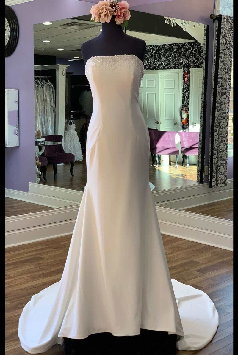 White Beaded Satin Strapless Mermaid Long Wedding Dress