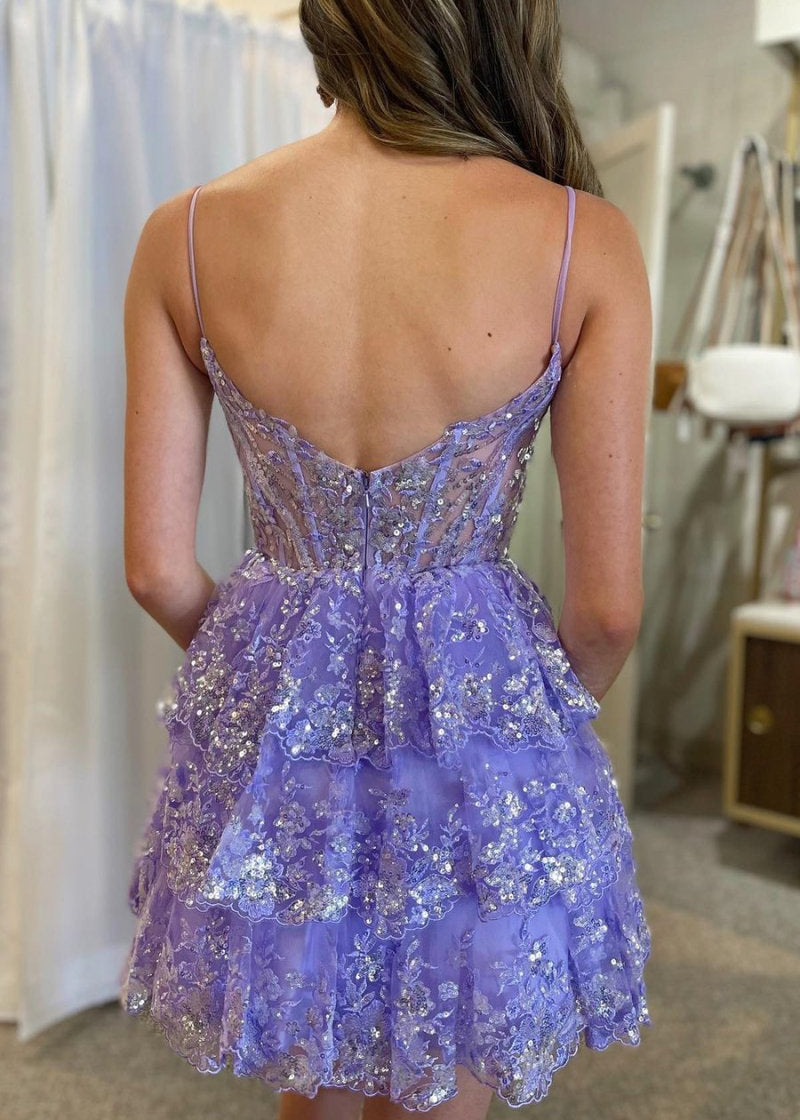 Reana | A- Line Sky Blue Sequins Multi-Layers Short Homecoming Dress