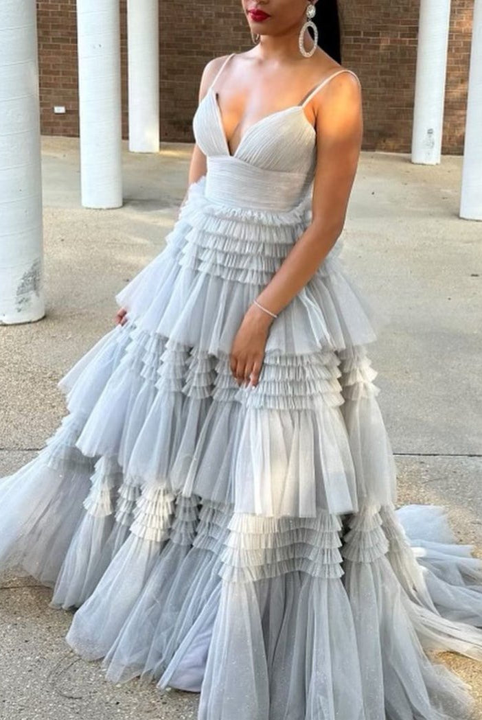 Amanda| A-Line Spaghetti Straps Long Tiered Tulle Prom Dress With Split