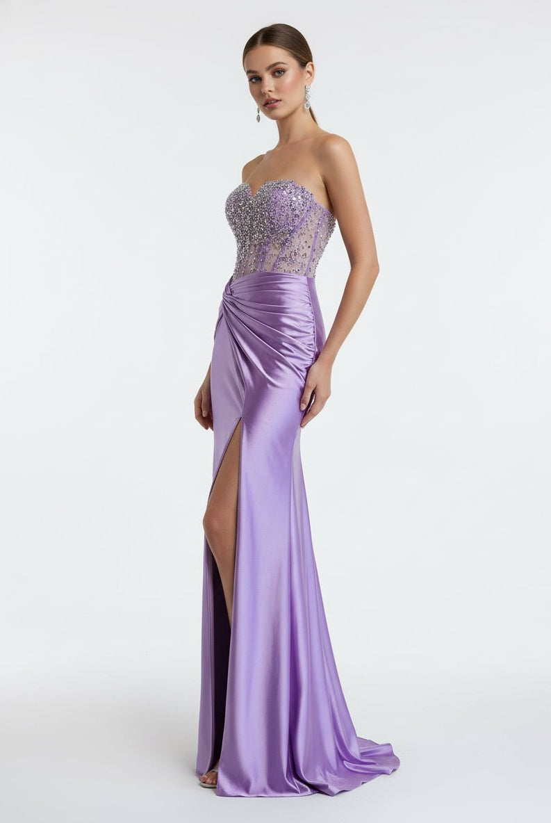 Eirene | Purple Sweetheart Mermaid Satin Long Prom Dress with Beading - KissProm