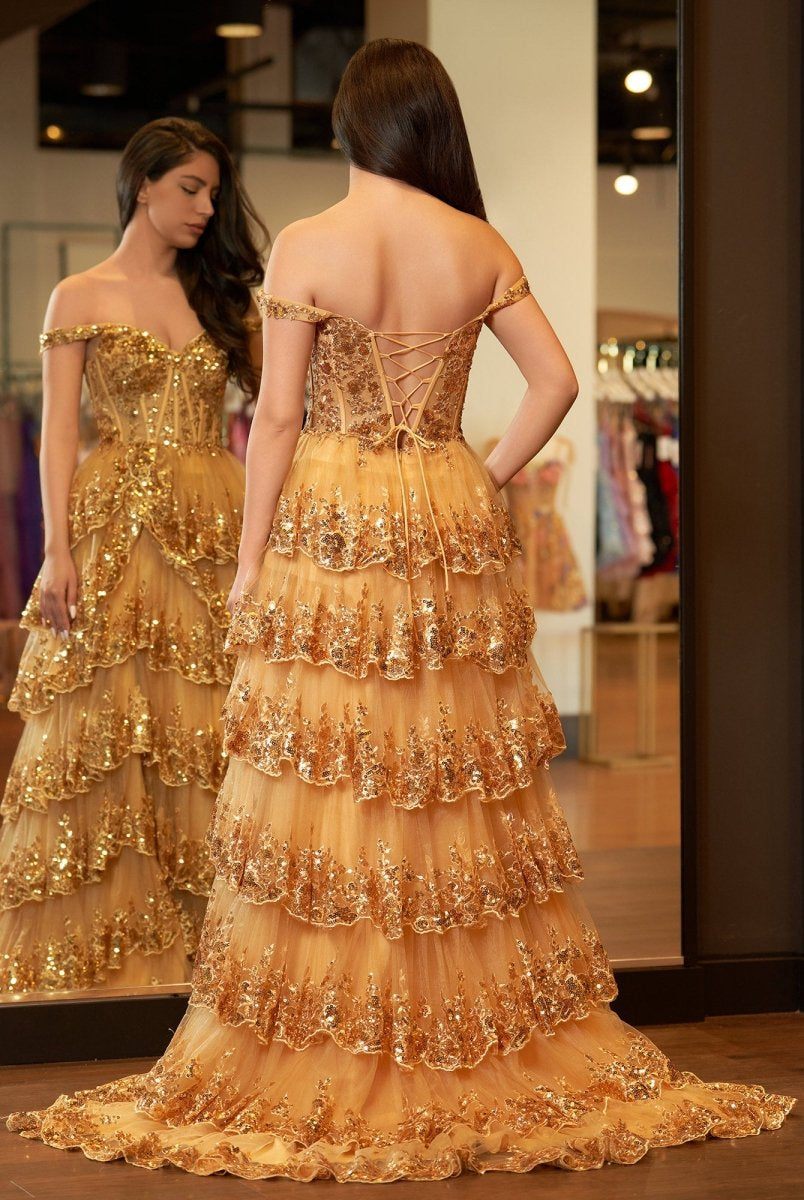 Gold Princess A Line Off the Shoulder Corset Prom Dress with Lace Ruffles - KissProm